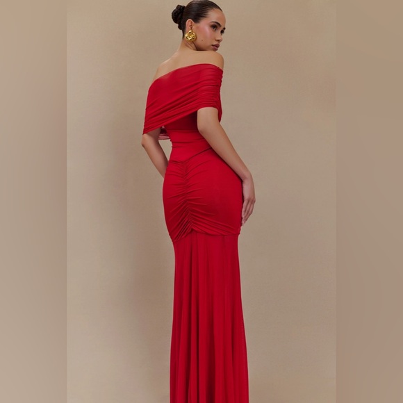 Meshki Caspian Slinky And Mesh Off Shoulder Maxi Dress - Ruby Size M - Picture 5 of 8